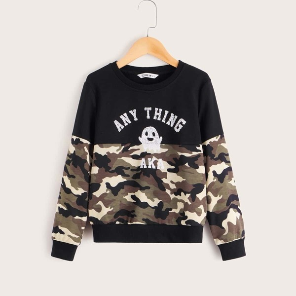 

Boys Ghost and Slogan Print Camo Panel Pullover, Multicolor
