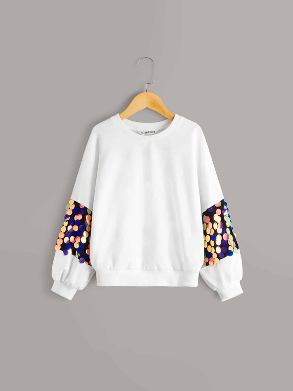 

Girls Sequin Patched Sleeve Sweatshirt, White