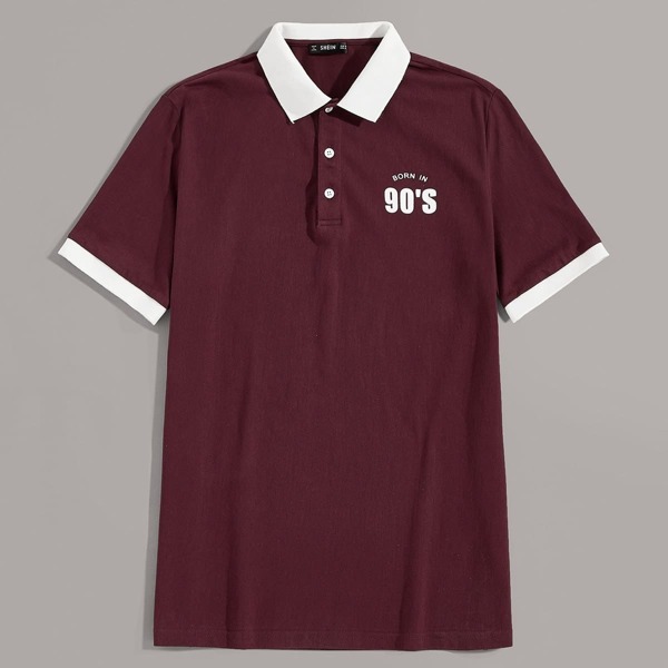 

Men Slogan Print Contrast Collar and Cuff Polo Shirt