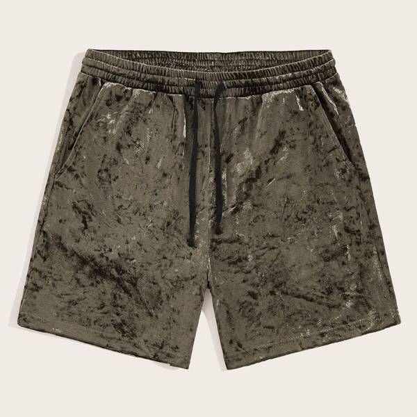 

Men Drawstring Waist Slant Pocket Velvet Shorts, Army green