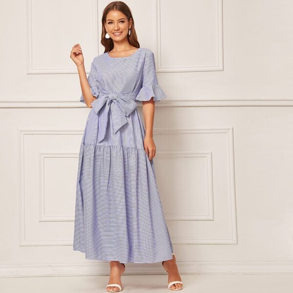 

Bell Sleeve Self Belted Striped Dress
