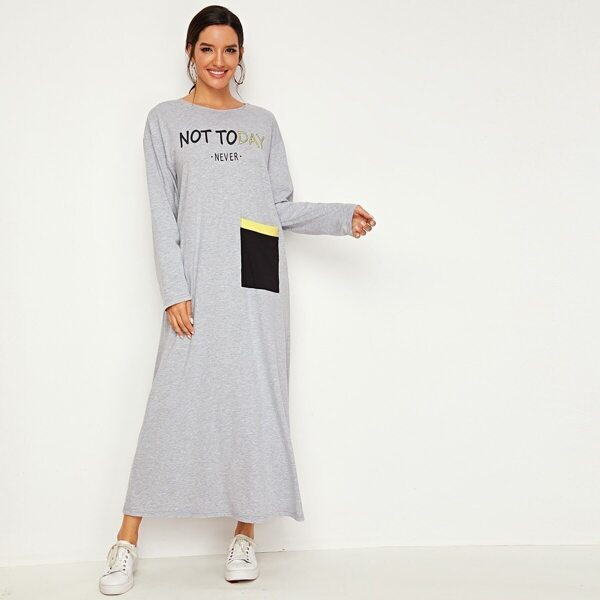 

Slogan Print Pocket Patched Heather Grey Dress
