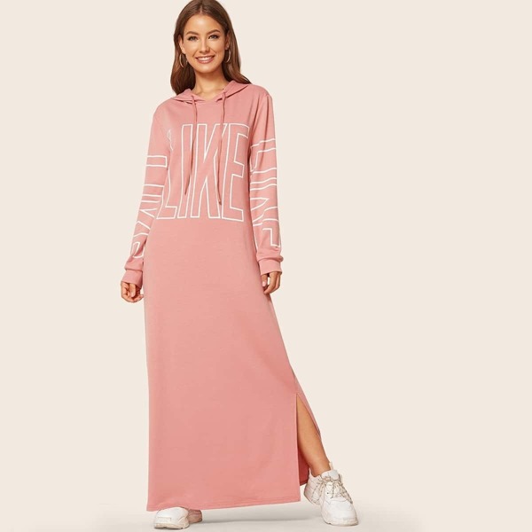 

Letter Print Split Side Drawstring Hoodie Dress