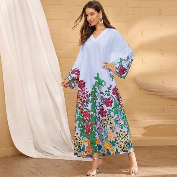 

V-neck Botanical Print Dolman Sleeve Dress