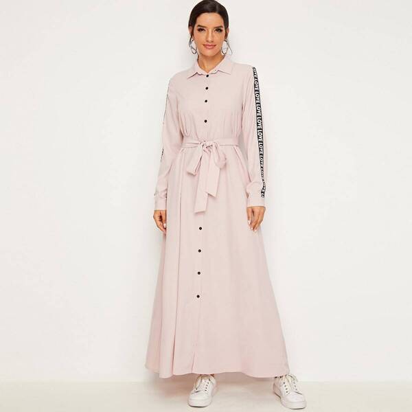 

Letter Tape Sleeve Self Belted Shirt Dress, Pink pastel