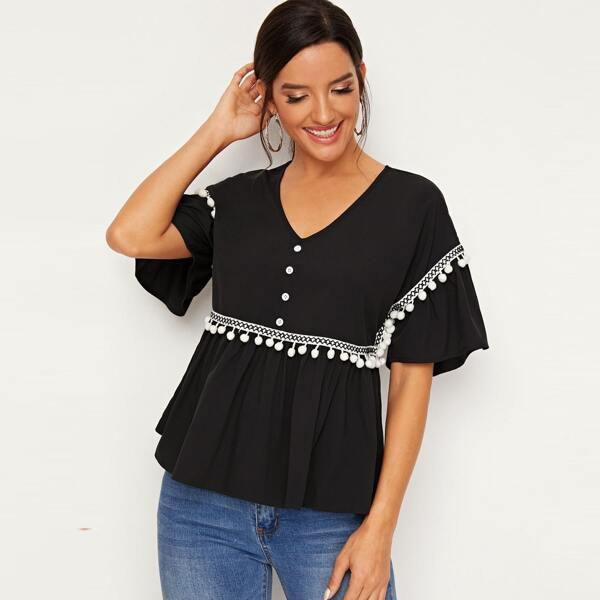 

Embroidered Tape and Pompom Detail Button Front Top