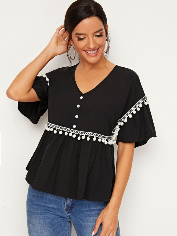 

Embroidered Tape and Pompom Detail Button Front Top, Black, Juliana