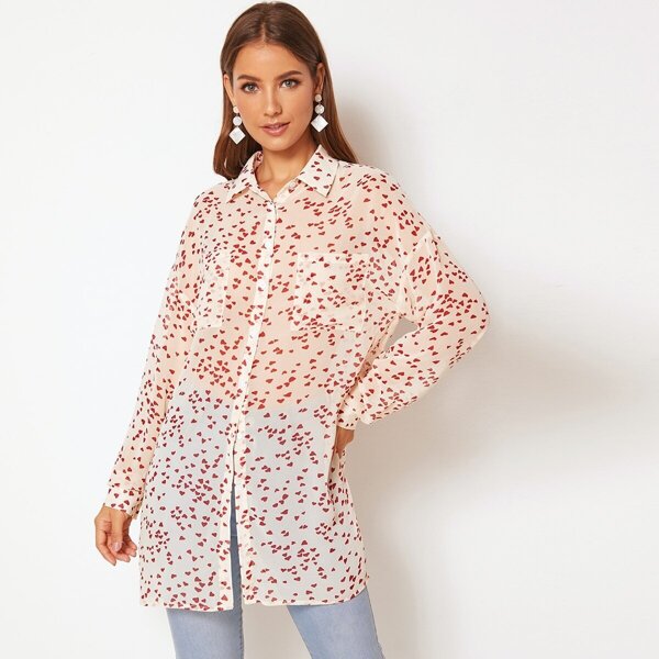 

Heart Print Pocket Patched Semi Sheer Longline Shirt, Multicolor