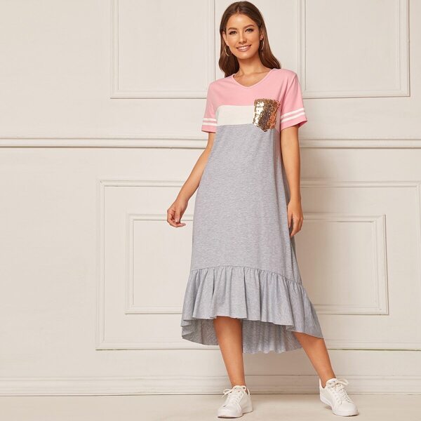 

Sequin Pocket Patched Striped Sleeve Colorblock Dress, Grey