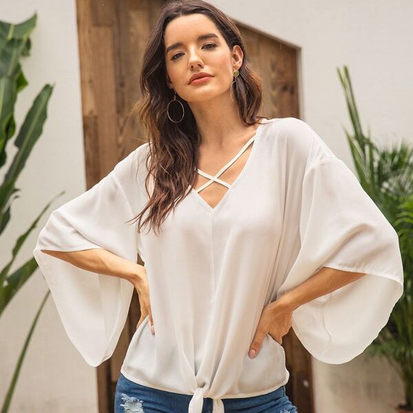 

V-neck Criss Cross Knot Hem Blouse