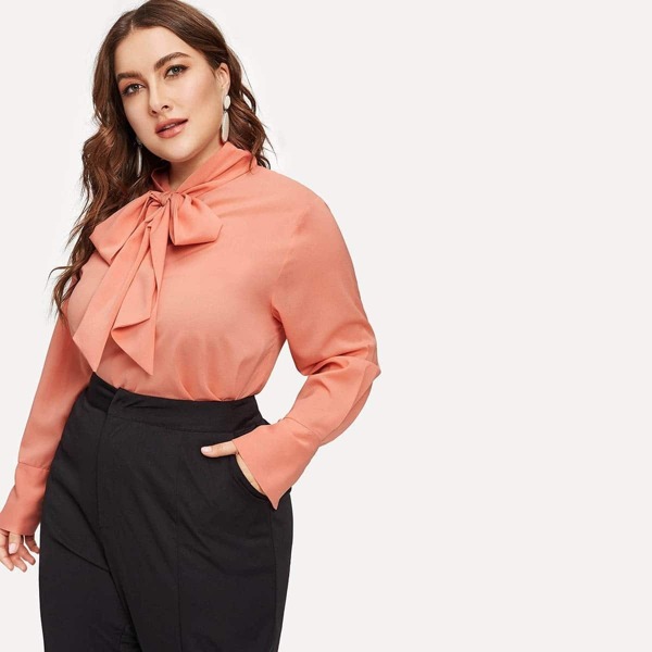 

Plus Tie Neck Solid Blouse