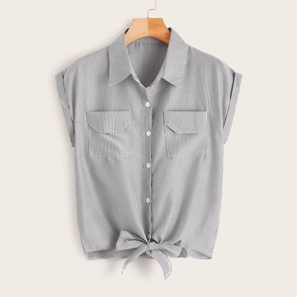 

Striped Flap Pockets Knot Hem Blouse