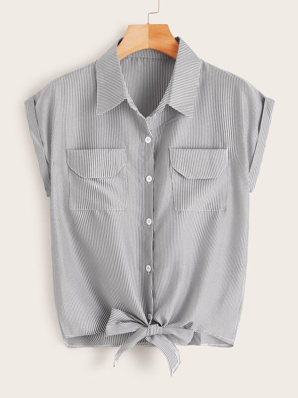 

Striped Flap Pockets Knot Hem Blouse, Grey
