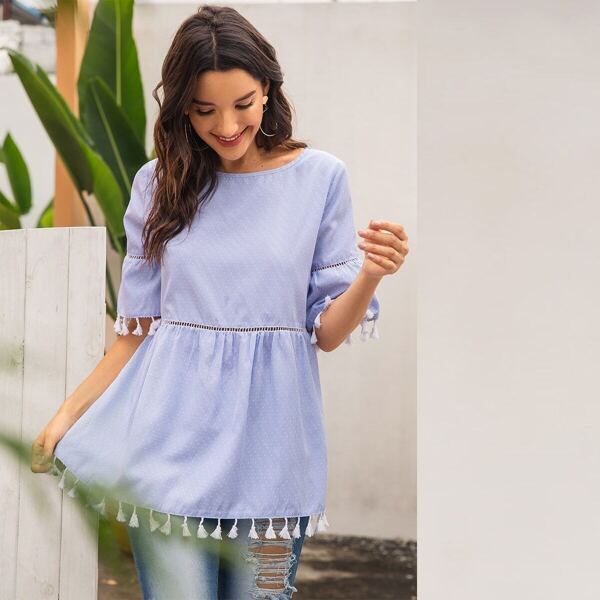 

Striped Fringe Trim Smock Blouse