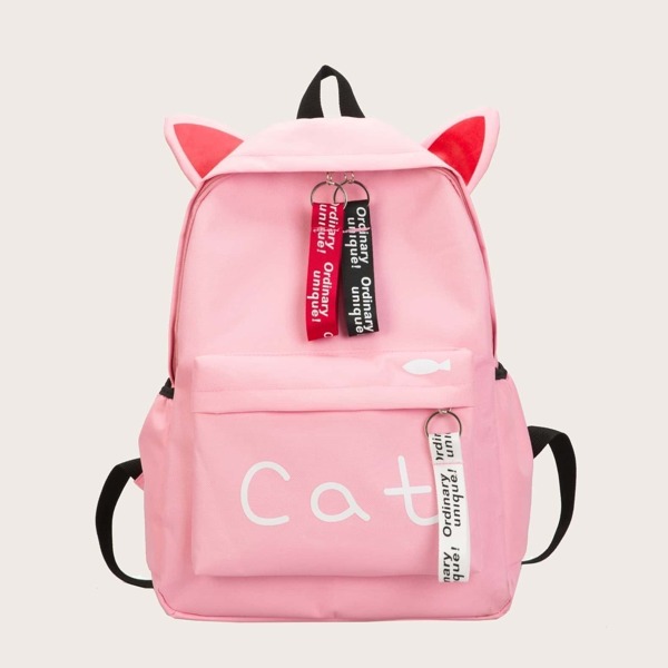 

Girls Cat Design Slogan Ribbon Backpack