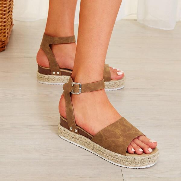 

Open Toe Buckle Strap Espadrille Sandals, Brown