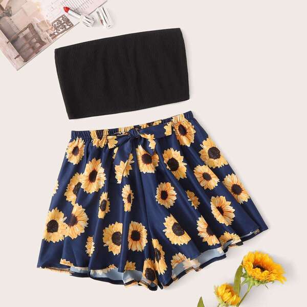 

Rib Bandeau With Sunflower Shorts PJ Set
