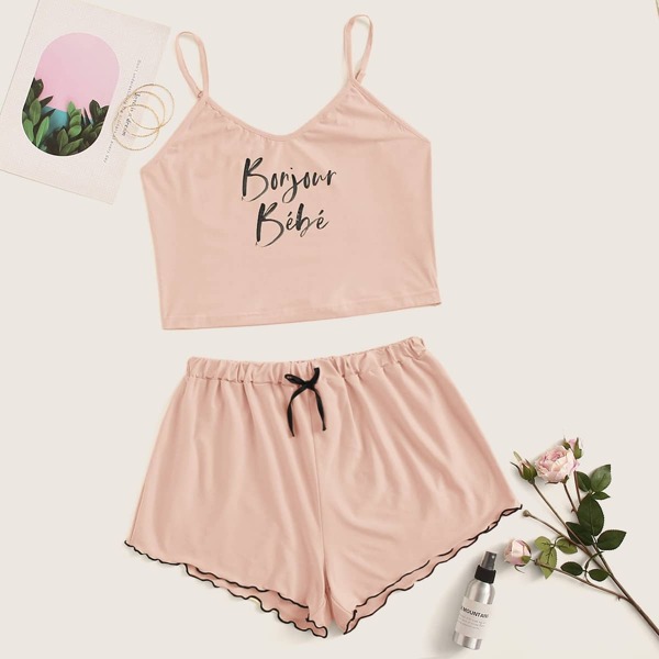 

Letter Print Lettuce Trim Cami PJ Set