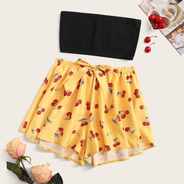 

Rib Bandeau With Cherry Shorts PJ Set