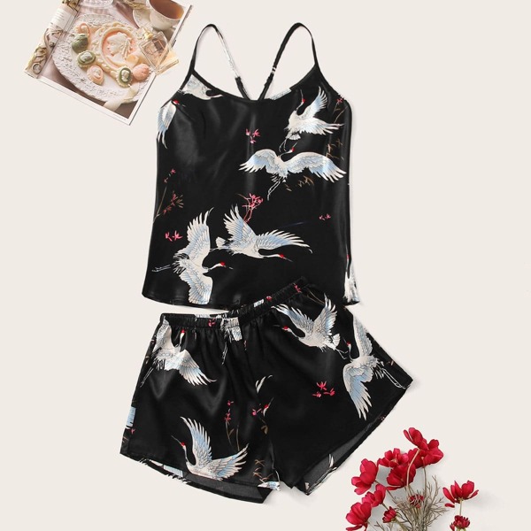 

Crane Print Satin Cami PJ Set