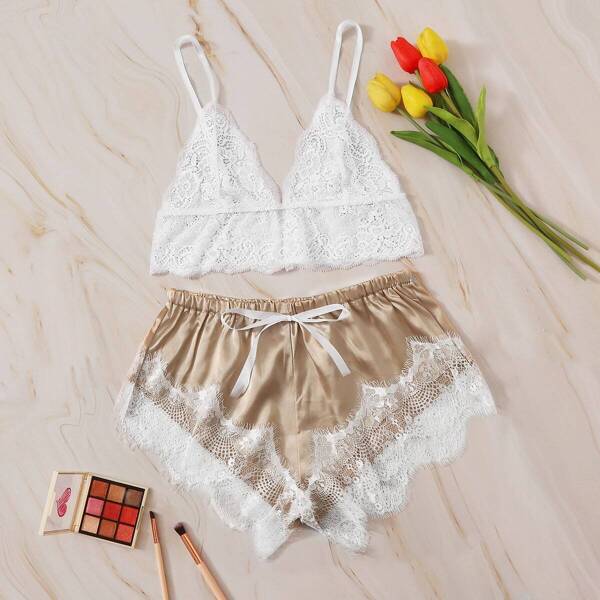 

Floral Lace Bralette With Satin Shorts, Multicolor