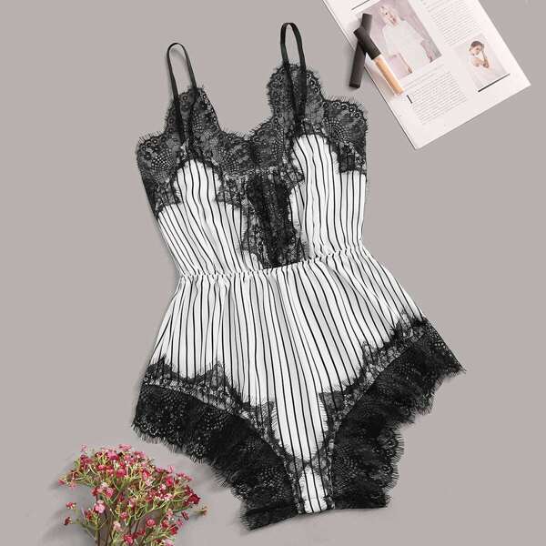 

Eyelash Lace Striped Romper Bodysuit