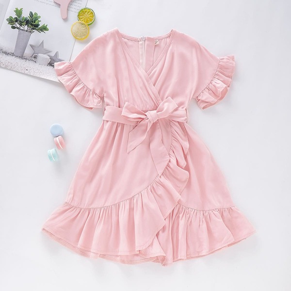 

Toddler Girls Solid Ruffle Hem Belted Wrap Dress, Pink