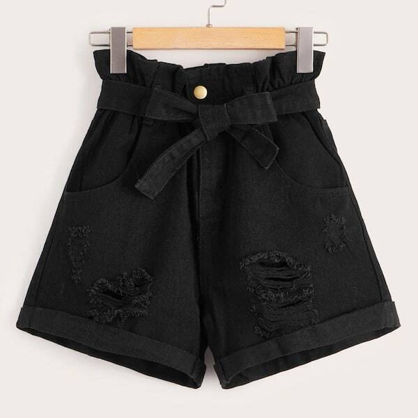 

Plus Belted Ripped Roll Up Hem Paper Bag Waist Denim Shorts, Black