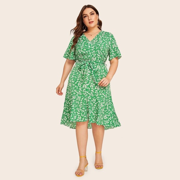 

Plus Ditsy Floral Print Belted High Low Dress, Green