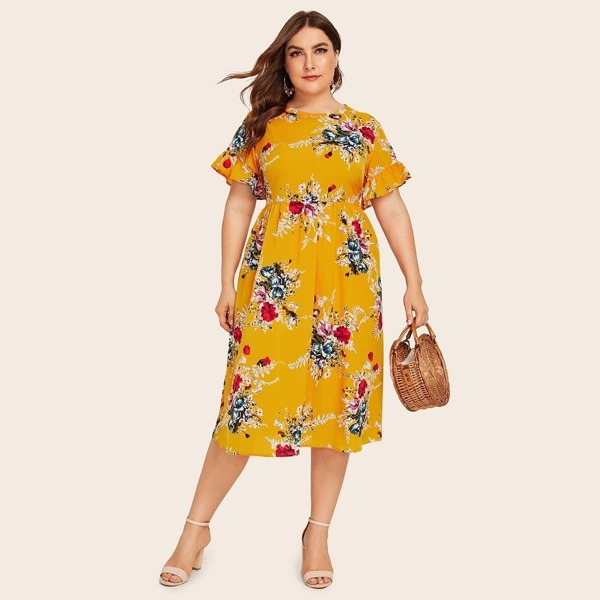 

Plus Floral Print Flounce Sleeve Zip Back Dress, Yellow