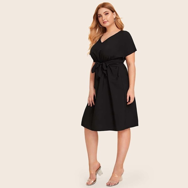 

Plus V-Neck Belted Solid Dress, Black