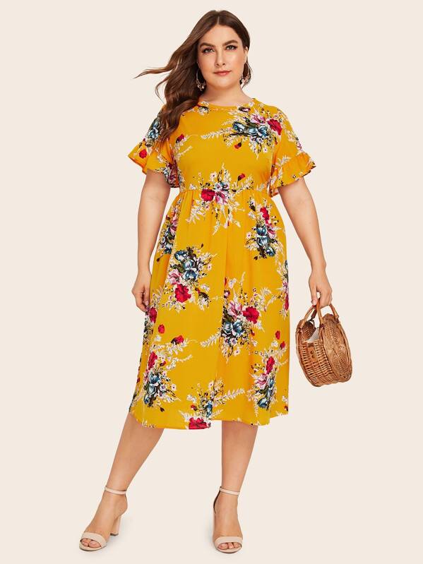 

Plus Floral Print Flounce Sleeve Zip Back Dress, Yellow, Franziska