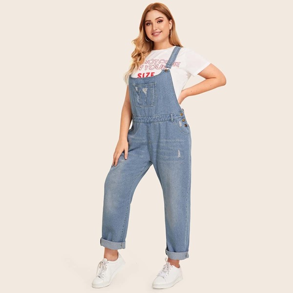 

Plus Button Decoration Pocket Ripped Denim Overalls, Light wash