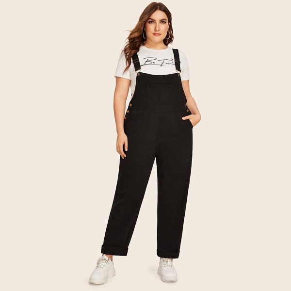 

Plus Button Decoration Pocket Denim Overalls, Black