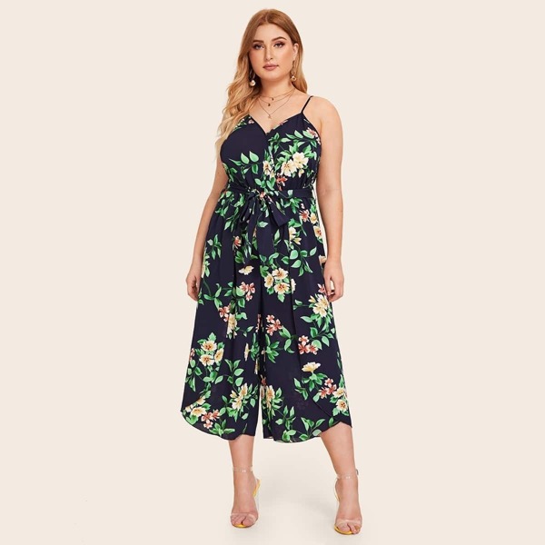 

Plus Floral Print Belted Wide Leg Jumpsuit, Navy