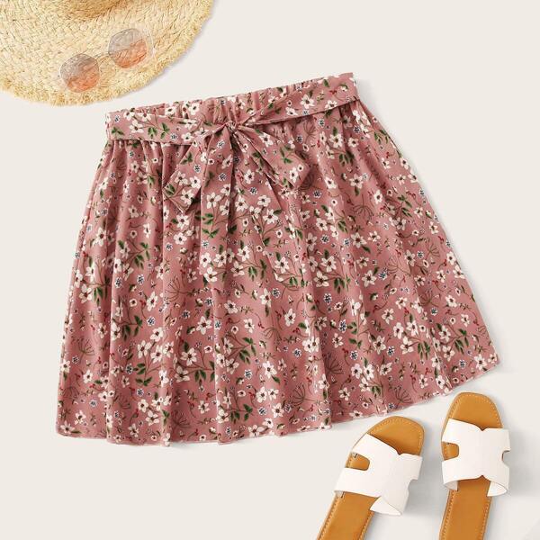 

Plus Ditsy Floral Print Belted Skirt