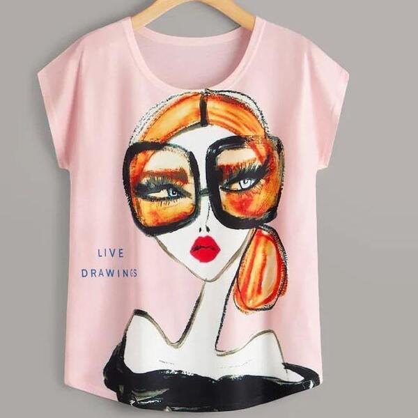 

Plus Figure And Letter Print Curved Hem Tee