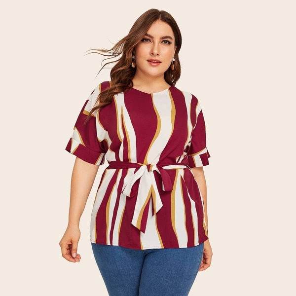 

Plus Striped Print Roll Up Sleeve Belted Blouse