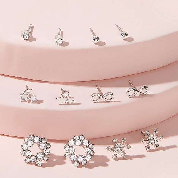 

Snowflake & Star Stud Earrings 6pairs, Silver