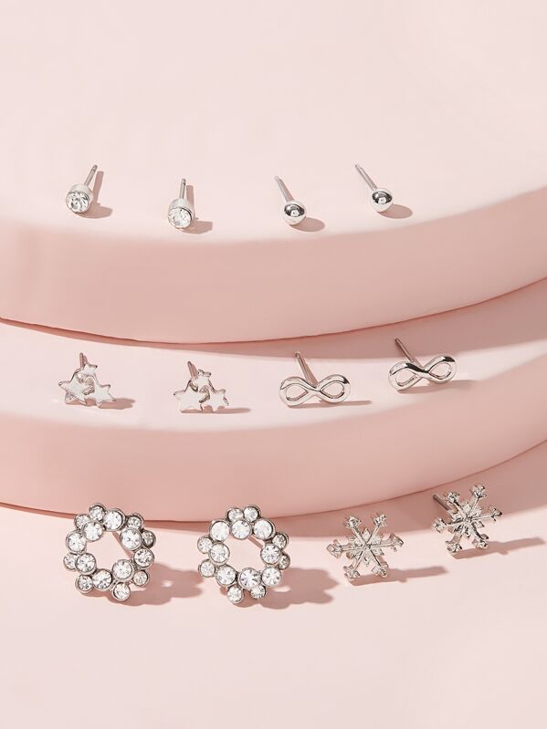 

Snowflake & Star Stud Earrings 6pairs, Silver