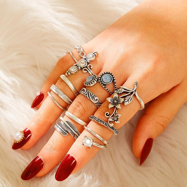 

Flower & Gemstone Decor Ring 13pcs
