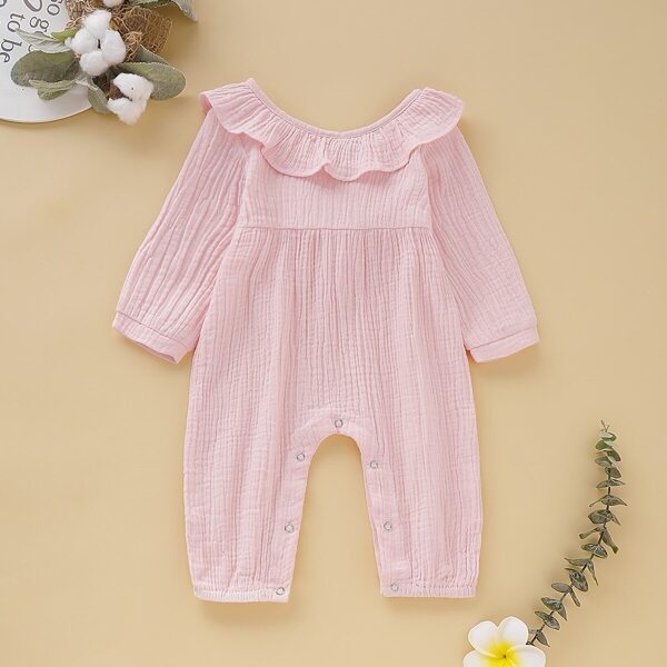 

Baby Girl Solid Ruffle Trim Popper Jumpsuit, Pink