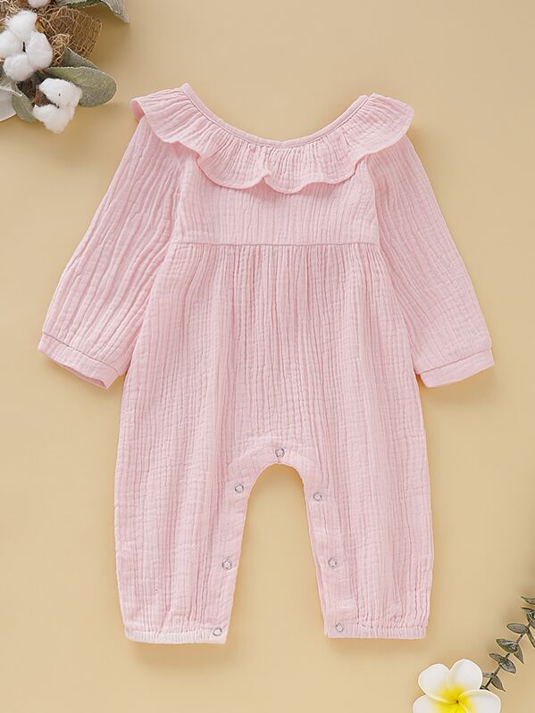 

Baby Girl Solid Ruffle Trim Popper Jumpsuit, Pink