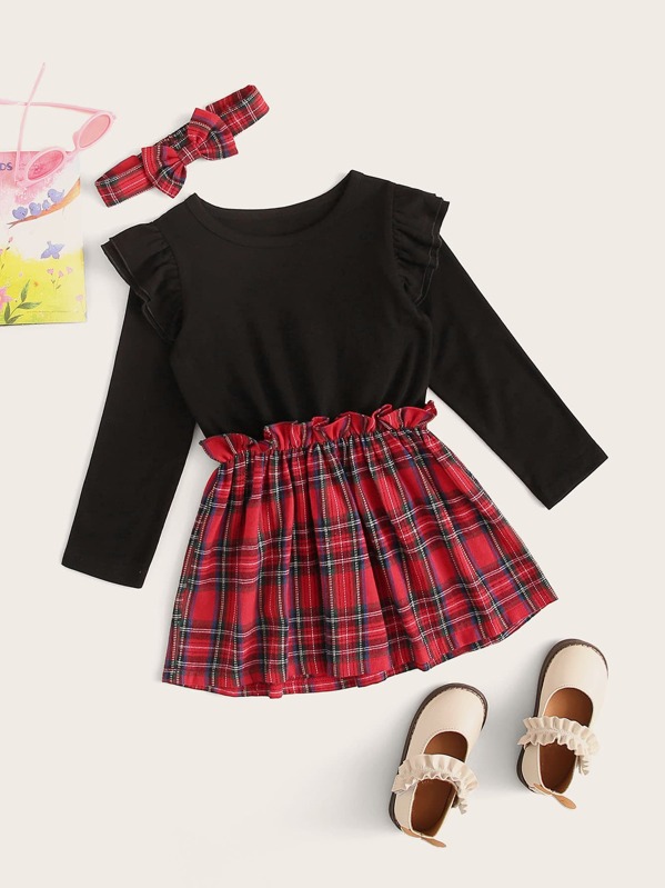 

Toddler Girls Frill Contrast Tartan Hem Dress With Headband, Multicolor