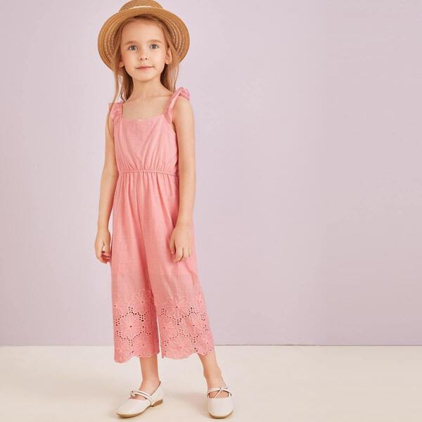

Toddler Girls Eyelet Embroidery Frill Trim Cami Jumpsuit, Pink