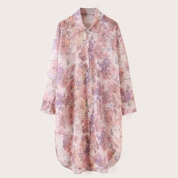

Allover Floral Print Curved Hem Shirt Dress