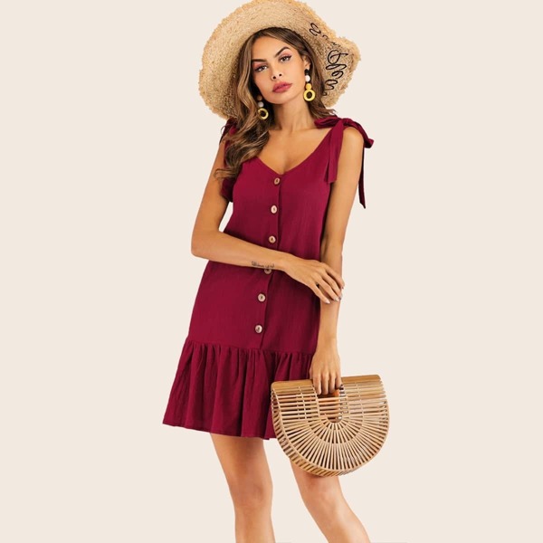 

Button Front Knot Ruffle Hem Dress, Burgundy