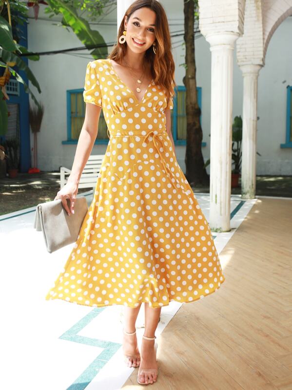 

Polka Dot V-neck Self Tie Dress, Yellow, Gabi B