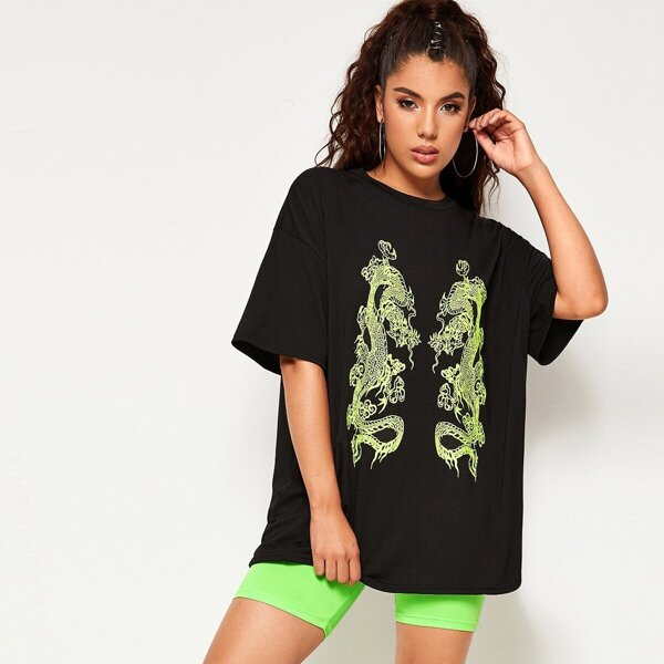 

Dragon Print Drop Shoulder Tee, Black