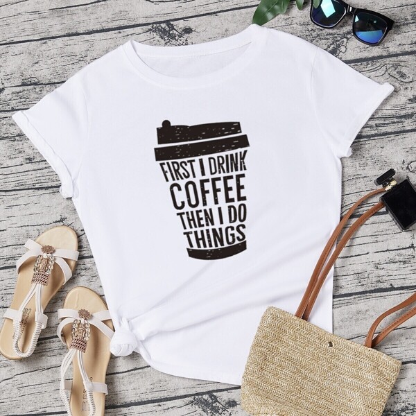 

Slogan And Coffee Cup Print Tee, White